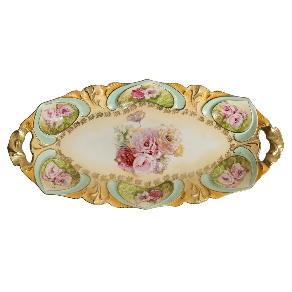 Antique RS Prussia Red Wreath Mark Lily Mold Roses Porcelain Victorian Dish Tray